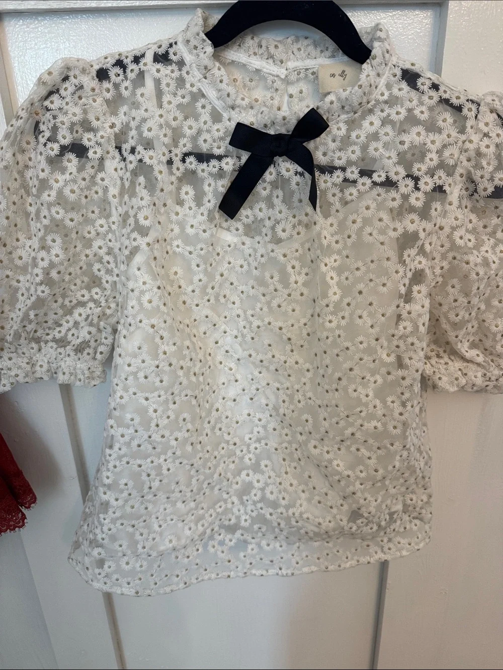 Floral Eyelet Puff-Sleeve Top with Bow - White